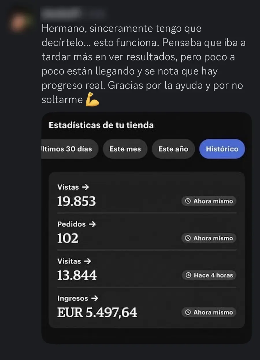 Captura de las estadísticas de la tienda de un alumno: 5.497,64 € en ventas · 102 pedidos
