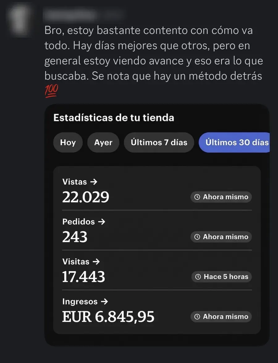 Captura de las estadísticas de la tienda de un alumno: 6.845,95 € en ventas · 243 pedidos