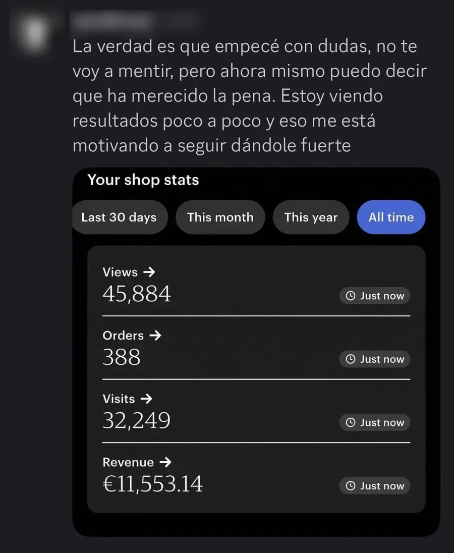 Captura de las estadísticas de la tienda de un alumno: 11.553,14 € en ventas · 388 pedidos