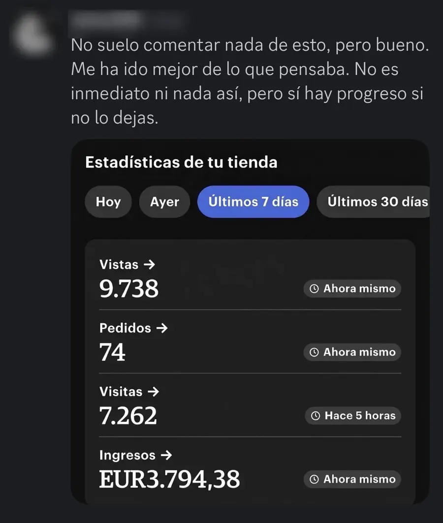 Captura de las estadísticas de la tienda de un alumno: 3.794,38 € en ventas · 74 pedidos