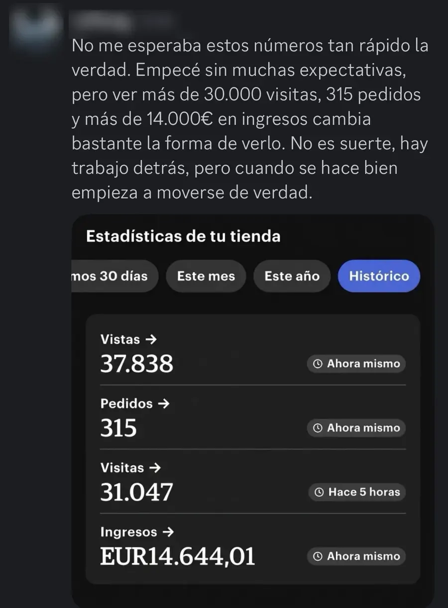Captura de las estadísticas de la tienda de un alumno: 14.644,01 € en ventas · 315 pedidos