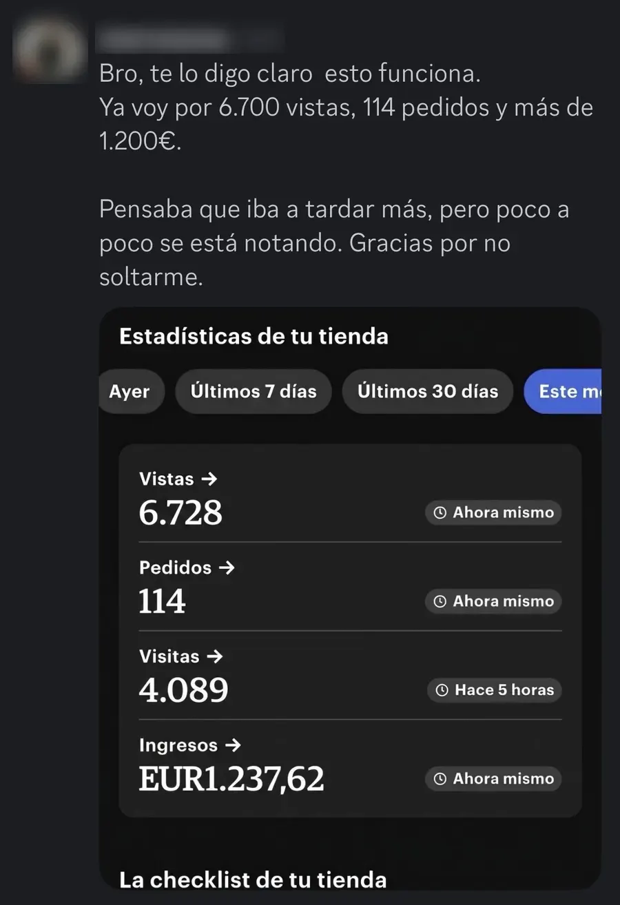 Captura de las estadísticas de la tienda de un alumno: 1.237,62 € en ventas · 114 pedidos